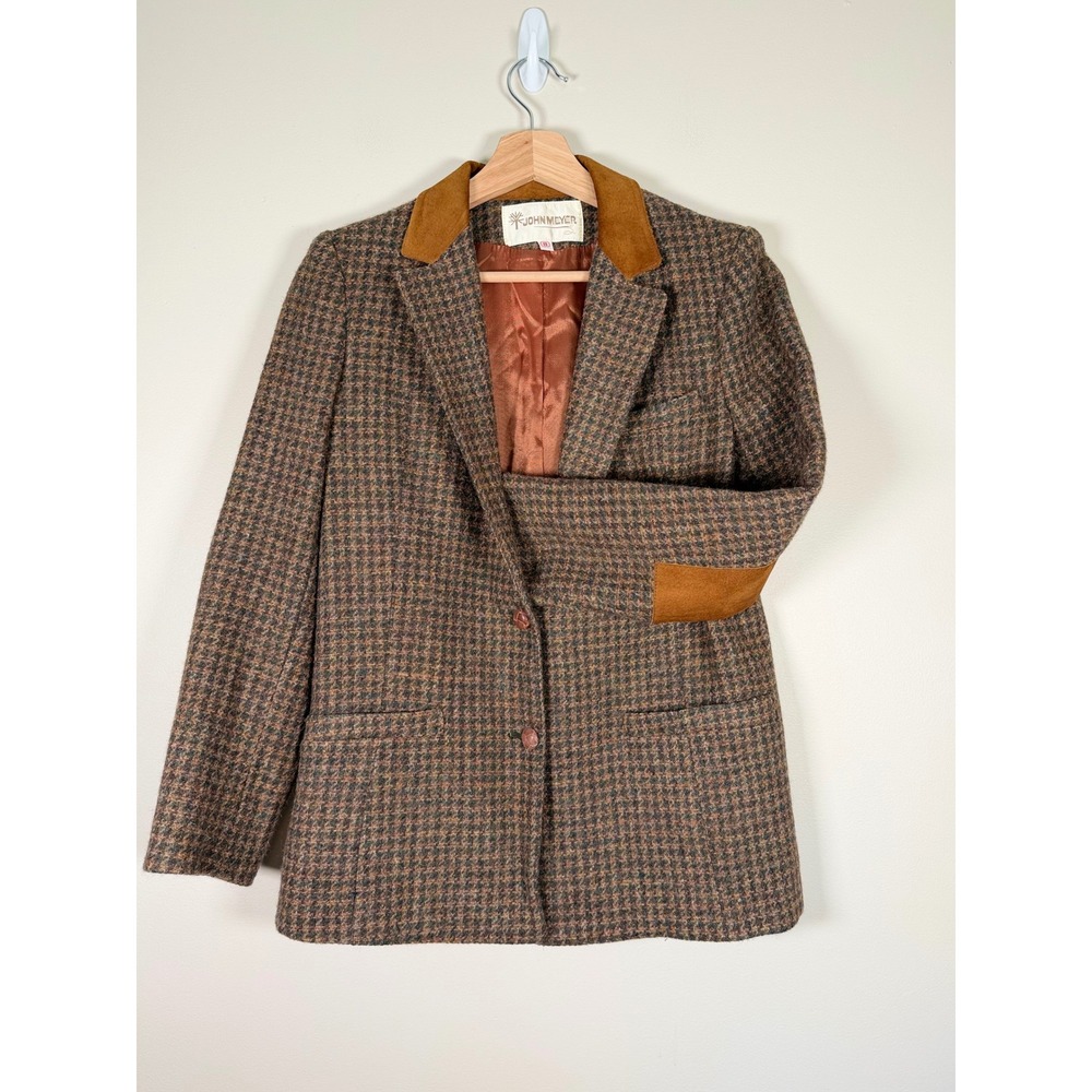 John Meyer Vintage Brown Tweed Houndstooth Blazer Elbow Patches Womens 8 - Picture 2 of 15